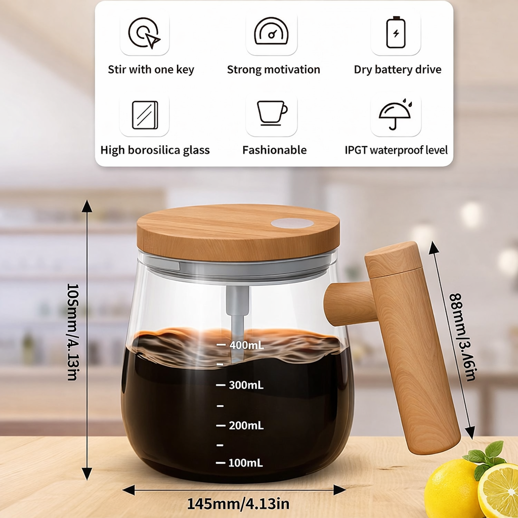 Trendzana™ Self-Stirring Glass Coffee Mug – 400ml